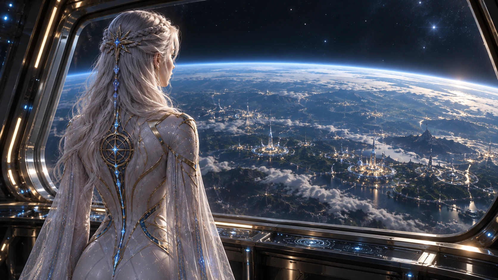 Zeia looking out from her spacecraft toward her homeworld