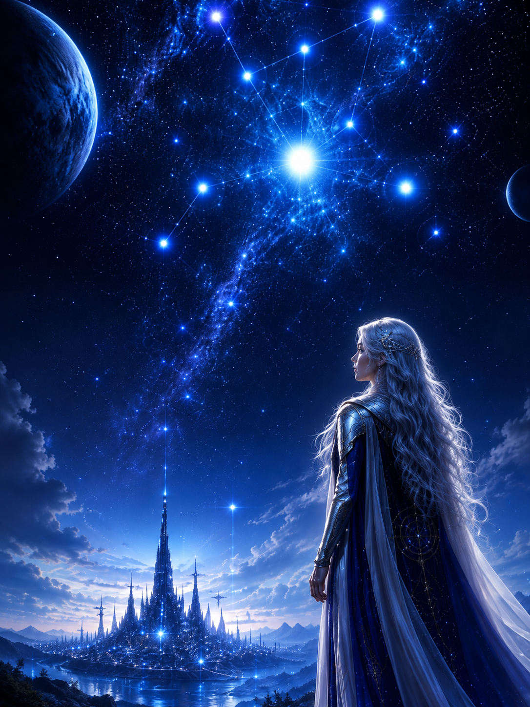 Zeia beneath the Pleiadian sky as a distant signal is detected
