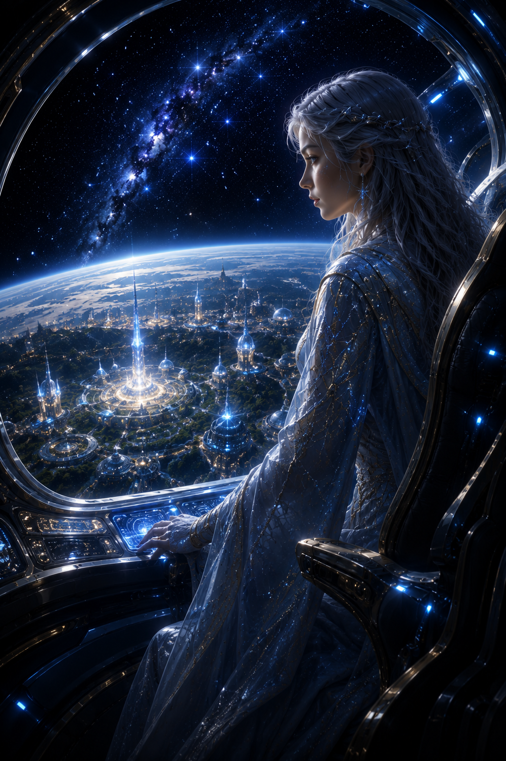 Zeia aboard her ship looking back toward her home world as she departs